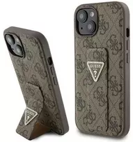 Guess GUHCP15SPGS4TDW iPhone 15 / 14 / 13 6.1″ rudos spalvos kietas dėklas Grip Stand 4G Triangle Strass