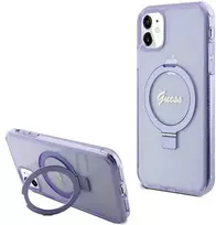 Guess GUHMN61HRSGSU Apple iPhone 11 / Xr 6.1″ violetinės spalvos kietas dėklas Ring Stand Script Glitter MagSafe