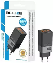 Beline laidinis įkroviklis 2x USB-C + 1x USB 65Wjuodos spalvos/juodos spalvos (head only) PD 3.0 + QC 3.0 BLN3CB65 GaN