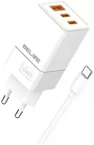 Beline įkroviklis 2x USB-C + 1x USB 65W + USB-C kabelis baltos spalvos PD 3.0 + QC 3.0 BLN3CW65C GaN