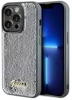 Guess GUHCP14XPSFDGSS Apple iPhone 14 Pro Max 6.7″ sidabrinis kietas dėklas Sequin Script Metal