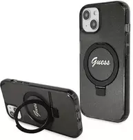 Guess GUHMP13MHRSGSK Apple iPhone 13 / 14 / 15 6.1″ juodos spalvos kietas dėklas Ring Stand Script Glitter MagSafe