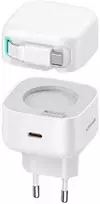 USAMS įkroviklis 1xUSB-C su ištraukiamu USB-C laidu (tik antgalis) PD+QC 35W Gan greitas įkrovimas baltos spalvos