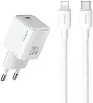 USAMS įkroviklis 1xUSB-C PD20WPD3.0 greito įkrovimo US-CC183 + USB-C/Lightning laidas US-SJ610 baltos spalvos
