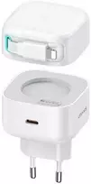 USAMS įkroviklis 1xUSB-C su ištraukiamu laidu „Lightning“ (tik antgalis) PD+QC 35W Gan greitas įkrovimas baltos spalvos