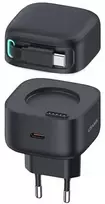USAMS įkroviklis 1xUSB-C su ištraukiamu USB-C laidu (tik galvutė) PD+QC 35W GaN greitas įkrovimas, juodos spalvos