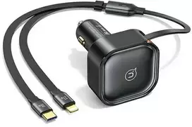 USAMS automobilinis įkroviklis su ištraukiamu laidu 1xUSB-C+1x Lightning C41 PD 30W greitas įkrovimas juodas/juodas CC2