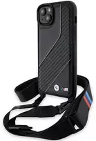 Dėklas BMW BMHCP15M23 PSCCK Apple iPhone 15 Plus 14 Plus 6.7″ juodos spalvos kietas dėklas M Edition Carbon Stripe & Stra
