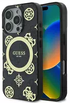 Guess GUHMP16LH4PYEEK Apple iPhone 16 Pro 6.3″ juodos spalvos kietas dėklas IML Peony On 4G Background MagSafe