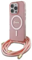 Guess GUHMP16LHCTSGNSP Apple iPhone 16 Pro 6.3″ rožinės spalvos kietas dėklas Crossbody Cord Script MagSafe