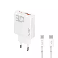 GaN Dudao A30EUT 30W USB-A / USB-C laidinis įkroviklis + USB-C – USB-C kabelis – baltos spalvos