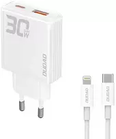 GaN Dudao A30EUL 30W USB-A / USB-C laidinis įkroviklis + USB-C – Lightning kabelis – baltos spalvos