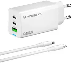 Wozinsky GaN 65W įkroviklis su 2xUSB-C USB prievadais ir 65W CC laidu – baltos spalvos