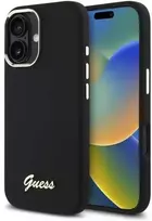 Guess GUHCP16SSMBSLK Apple iPhone 16 6.1″ juodos spalvos kietas dėklas Silicone Script Metal Logo & Frame