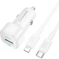 Borofone automobilinis įkroviklis BZ34B Cloud – USB + Type C – QC 3.0 PD 38W with Type C to Lightning cable baltas