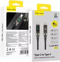 Blavec Kabelis Lumix pleciony – Typ C na Typ C – PD 100W 5A LED ekranas 1,2 metra Apple CarPlay/Android Auto (CLU-CC5BG12)