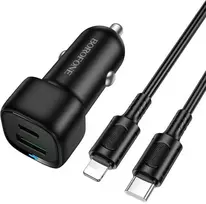 Borofone Car charger BZ34B Cloud – USB + Type C – QC 3.0 PD 38W with Type C to Lightning cable juodas