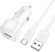 „Borofone“ automobilinis įkroviklis BZ34 Cloud – USB – QC 3.0 18W su USB–C tipo laidu, baltas