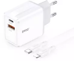 Telforceone BWOO sieninis įkroviklis CDA182 QC 38W 1x USB-A + 1x USB-C su USB-C C-Lightning laidu 1 m juodas