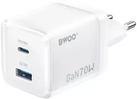 BWOO GaN sieninis įkroviklis CDA224 QC 70W 1 x USB 1 x USB-C, baltas