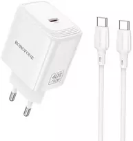 Borofone BN33 GaN sieninis įkroviklis, C tipo – QC3.0 PD 40W su C tipo į C tipo laidu, baltos spalvos