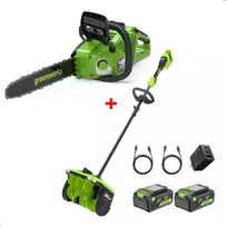 48V komplektas: sniego valytuvas-kastuvas + 36cm grandininis pjūklas (2X4.0Ah + kroviklis), Greenworks