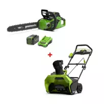 40V komplektas: 1.8kW grandininis pjūklas + sniego valytuvas (su 4Ah akumuliatoriumi ir krovikliu), Greenworks