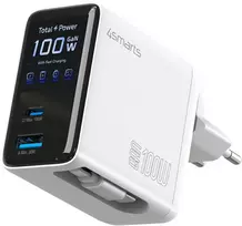 Įkroviklis jungiama į tinklą 4smarts GaN Flex Screen AI 100W 2xUSB-C + USB-A balta