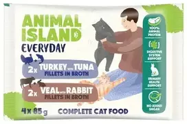 ANIMAL ISLAND Veal / triušiena & kalakutiena / Tuna Fillets in broth – šlapias kačių maistas – 4x85g