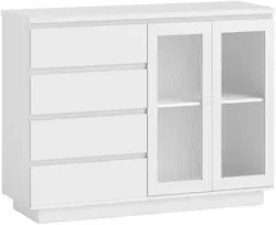TV staliukas Koduva Pastatoma spintelė, 4 stalčiai, 2 stiklinės durys, modernus dizainas, MDF, balta