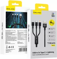 Blavec Kabelis Trixo pintas – USB į 2xTyp C + Lightning – QC 18W PD60W 3A 1,3 m. (CTR-U2CL3B13) juodos spalvos