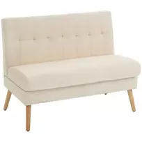 Dvivietė sofa, dygsniuotas atlošas, medinės kojos, storas paminkštinimas, lininio audinio išvaizda, skirta mažoms erdvėms, smėlio spalvos