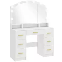 Makiažo staliukas su 10 LED Holivudo lempučių, veidrodžiu, 7 stalčiais, 3 skyriais, MDF, balta