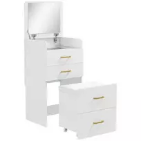 HOMCOM 3-in-1 kosmetinis staliukas su veidrodžiu, naktinė spintelė, ratukinis taburetė, stalčiai, baltas