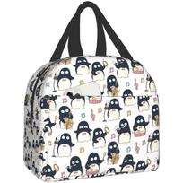 Cute Penguin Musician Pattern Lunch Box Bento Box Insulated Lunch Boxes Reusable Waterproof Lunch Bag for Office Picnic Hiking 22x20x13CM smėlis