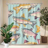 1Pc Vibrant Trout Fish Shower Curtain, Mid-Century Modern Style, Light Teal Background With Colorful Fish Design W60H190(CM)-1 Pcs
