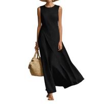 Women's Sleeveless Cotton Linen Dress, Casual Irregular Hem Crew Neck Long Dress, Summer Loose Beach Vacation Sundress XXXL juoda