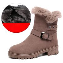 Žieminiai Šilti Stori Pliušiniai Sniego Batai Moterims Kniedėmis Dekoracija Žemas Kulnas Aulinukai Moteriški Sagtimi Dirželiu Neslystantys Platforminiai Botas 35 chaki