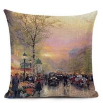 City Landscape Oil Painting Cotton Linen Cushion Cover Countryside Autumn Winter Art Decor Pillow Cover Sofa Throw Pillow Case 45X45CM