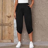 Womens Elastic Waist Crop Sweatpants with Pocket Loose Casual Summer Capris Rolled Bottoms Cropped Pants S-3XL XXXL juoda