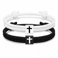 Pack of 2 Black Adjustable Christian Bracelets Religious Crosses Charm Wristband for Couples Religious Gift