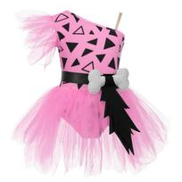 Girls Cavegirl Outfit Patchwork Tutu Dress Adjustable Strap Mesh Short Sleeve Built In Briefs 3D Bone Belt Prehistoric Costume 13-14 Years rožinė