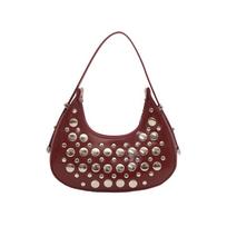 Punk Bag Wear Resistant Mini Handbag Underarm Purse Scratch Resistant Rivet Hobo Shoulder Bag For Club Shopping Nightclubs raudona