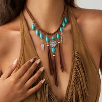 IngeSight.Z Vintage Ethnic Feather Tassel Choker Necklace Women Boho Woven Rope Stone Pendant Clavicle Chain Party Jewelry Gift