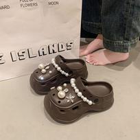 Fashion Women Summer Slippers Indoor Street Clogs Soft EVA Thick Sole DIY Rhinesttone Pearl Girls Fashion Clogs Beach Platform Sandals 36-37