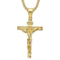 Religinis INRI Kryžius Jėzaus Kryžiaus Pakabukas Karoliai Auksinės Spalvos Nerūdijančio Plieno Kaklo Grandinėlė Vyrams Krikščioniški Katalikiški Papuošalai 60cm beige