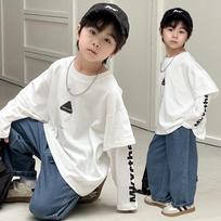 Boys' Trendy Hip-Hop Sweatshirt 2025: Autumn Style, Long-Sleeve Fake Two-Piece for Small and Medium Kids 110 cm balta