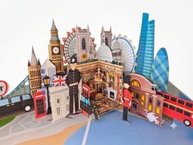 Išsiskleidžiantis 3D atvirukas Londonas, miesto panorama, kelionių tematikos atvirukas