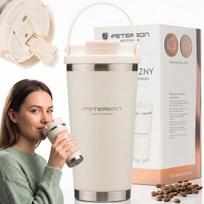 Nerūdijančio plieno termo puodelis Peterson kavai ir arbatai su rankena ir šiaudeliu, smėlio spalvos, 560 ml