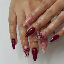 24pcs Burgundy Almond-Shaped Fake Nails with Shooting Star and Bow Patterns - Each Box Includes Tools for A Glossy Finish. The Best Choice for Women's